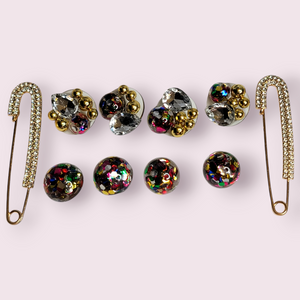 10pc BROOCH PIN SET GLITTER DOMES & SAFETY PINS